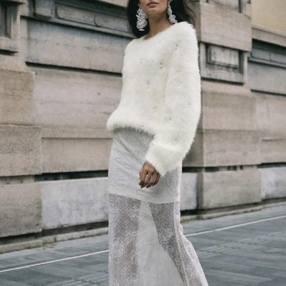 Sweaters - Women's Elegant Cream-White Faux Mink Fuzzy Sweater With Rhinestone Decor